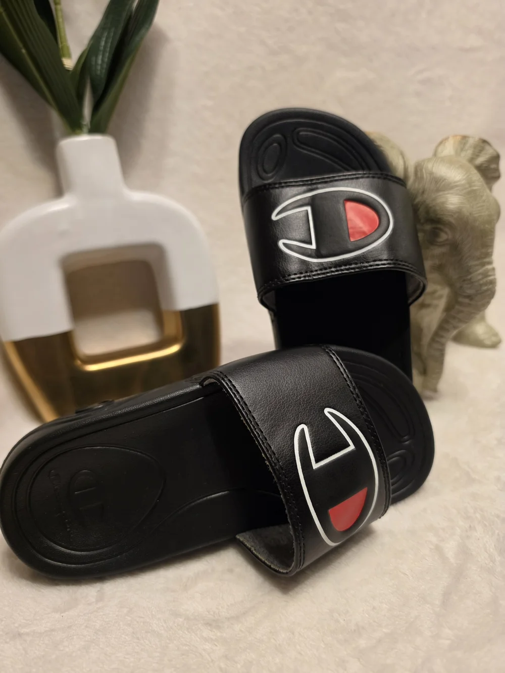 Champion Kids' Black Slide Sandals with Red Logo